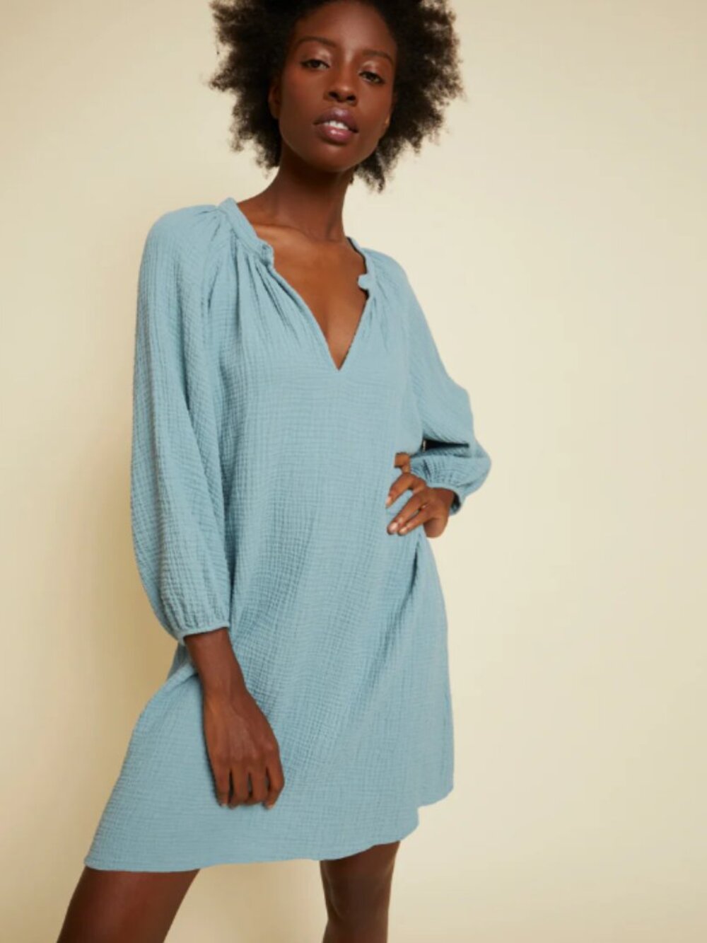 Nation Ltd Ladies Nala Dress Casual Lightweight Cotton V Neck 3/4 sleeves Blue S